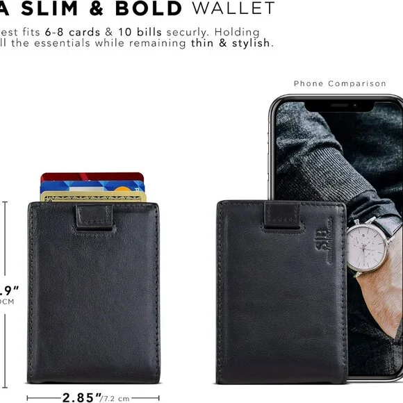 Men's Slim Bifold Wallet with RFID Protection - Full Grain Leather & Money Clip